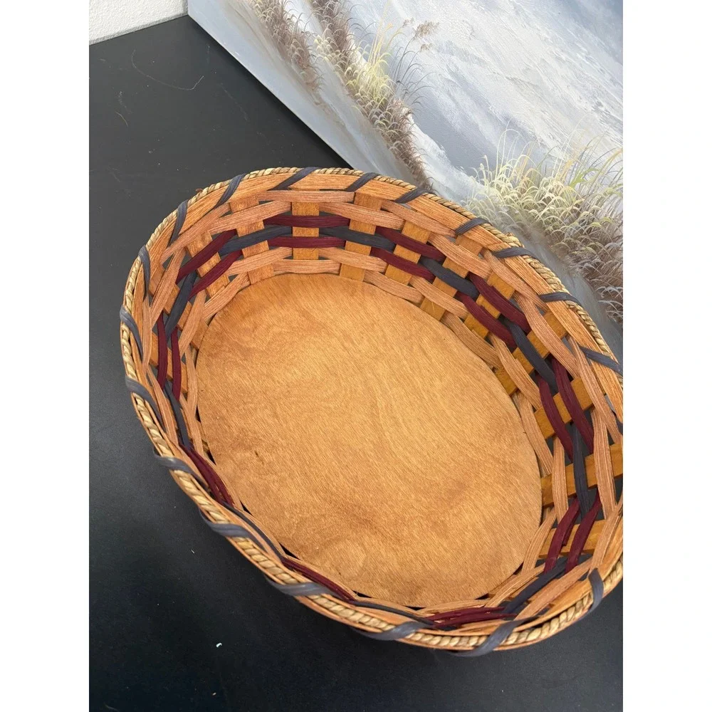 Handmade Jacob & Sarah Yoder Woven Splint Basket Oval Wood Base Blue Burgundy